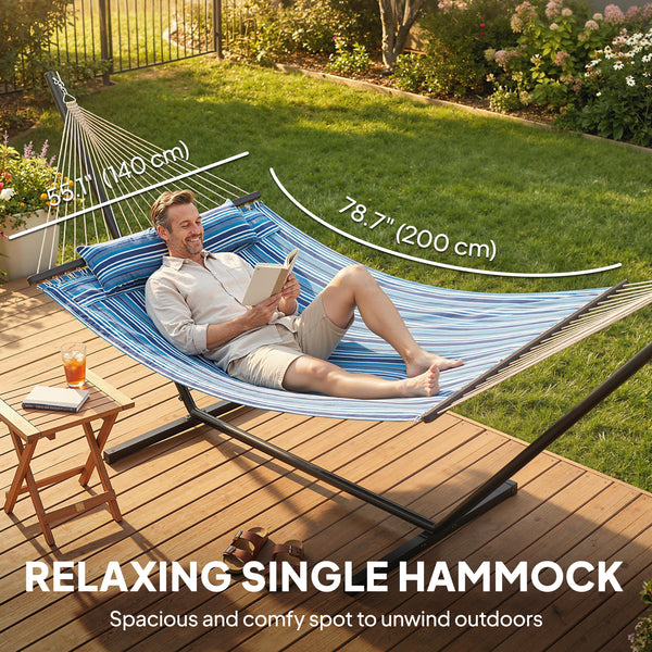 Hamac avec support robuste avec structure en acier pour terrasse et jardin, bleu et blanc