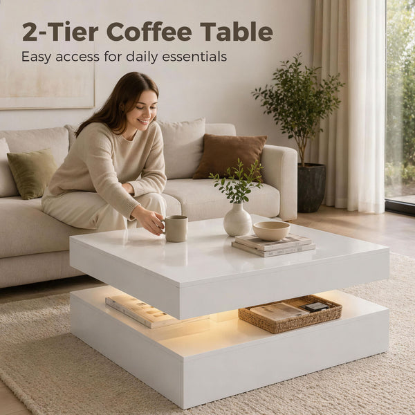 Table basse LED avec rangement à 2 niveaux avec étagère ouverte et télécommande pour salon, blanc brillant