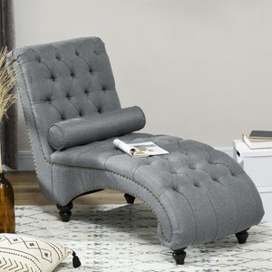 Chaise longue capitonnée à boutons rembourrée avec pieds en bois, gris