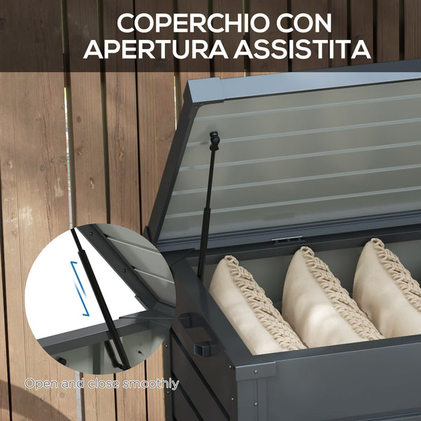 Waterproof garden storage box with wheels and handles, dark grey