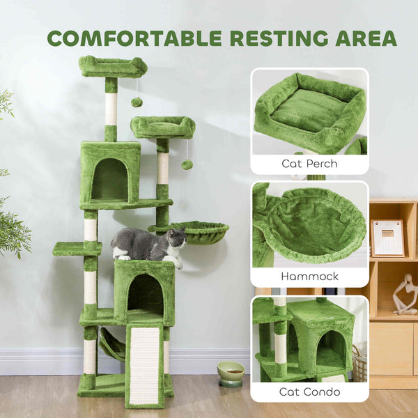 178cm Multi-Level Cat Tree with 2 Cabins, 2 Perches, Hammock, Play Balls, Green
