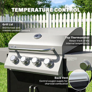 4+1 burner propane gas barbecue with side burner, warming rack and side shelf.