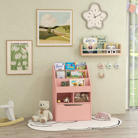 Bibliothèque pour enfants avec tiroir de rangement pour livres, coin lecture, rose