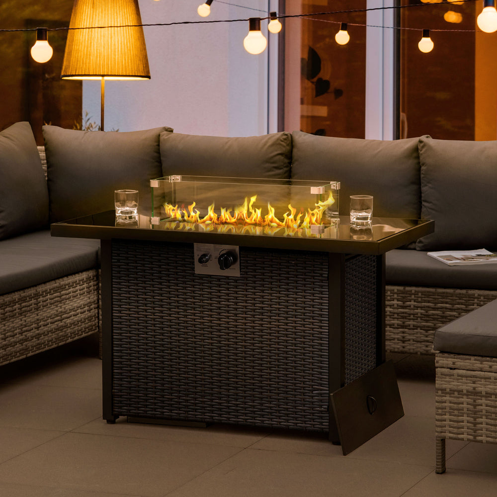 Propane Fire Pit Table 43" Outdoor Fire Table, 50,000 BTU Pulse-Ignition Wicker Firepit Furniture with Glass Wind Guard, Blue Glass Rock, CSA Certification, Coffee