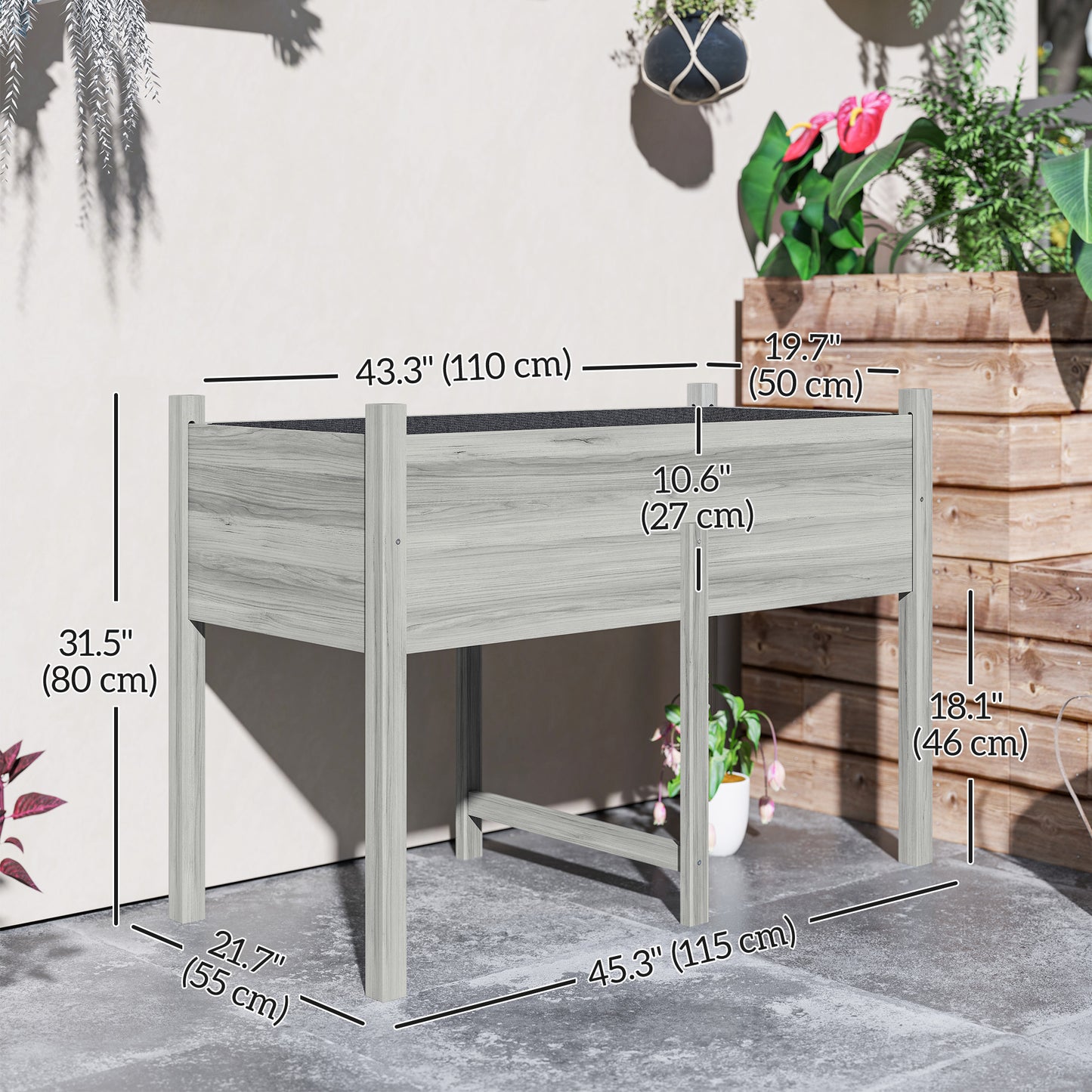 Outsunny Wooden Raised Bed with Drainage Holes for Vegetables, Flowers and Outdoor Garden Beds, 115 x 55 x 80 cm, Grey