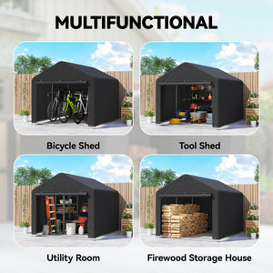 Waterproof portable garden shed with roll-up zippered door, black