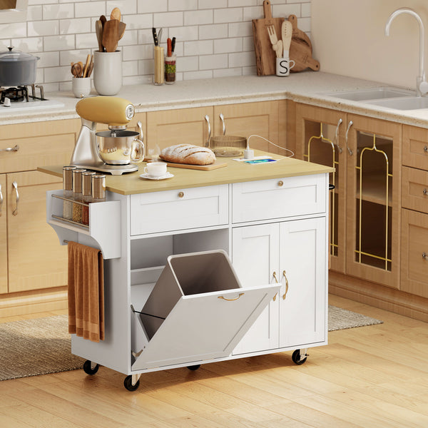 Îlot de cuisine mobile blanc avec comptoir rabattable, prises électriques et rangement