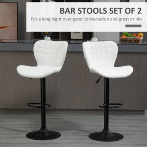 Set of 2 faux leather bar stools with backrest and footrest, white