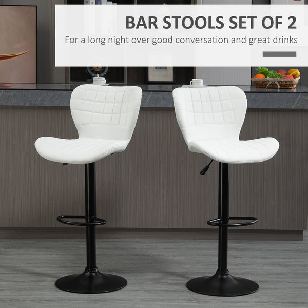 Set of 2 faux leather bar stools with backrest and footrest, white
