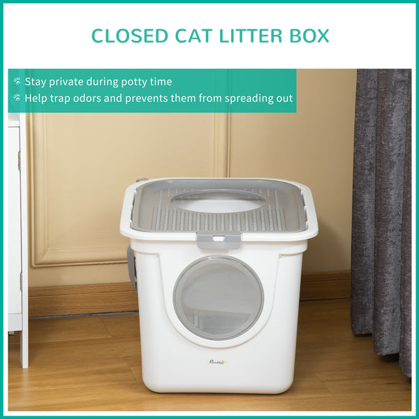 Enclosed litter box with front entrance, top exit and scoop, white