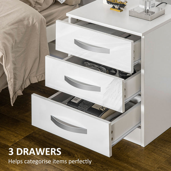 Ensemble de 2 tables de chevet modernes avec 3 tiroirs brillants, blanc