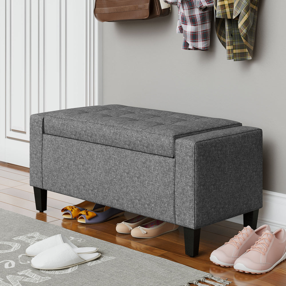 Banc ottoman de rangement capitonné en tissu toucher lin avec plateau rabattable, gris