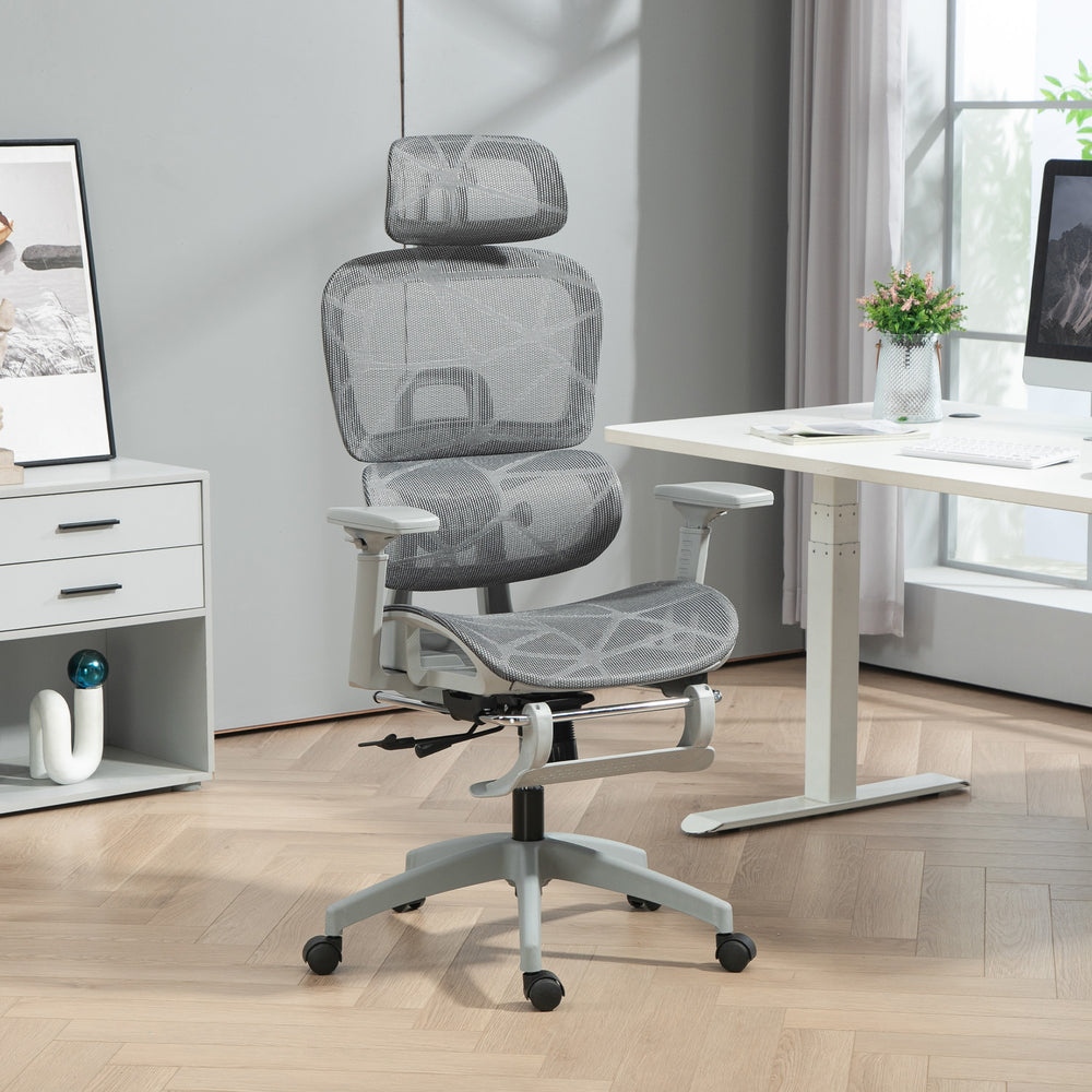 Chaise de bureau en résille avec accoudoirs 3D, dossier haut et soutien lombaire, inclinable à 135°, appui-tête réglable, gris