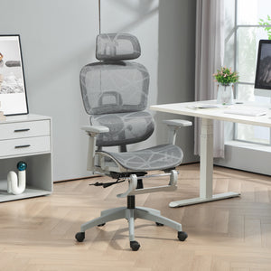 Chaise de bureau en résille avec accoudoirs 3D, dossier haut et soutien lombaire, inclinable à 135°, appui-tête réglable, gris