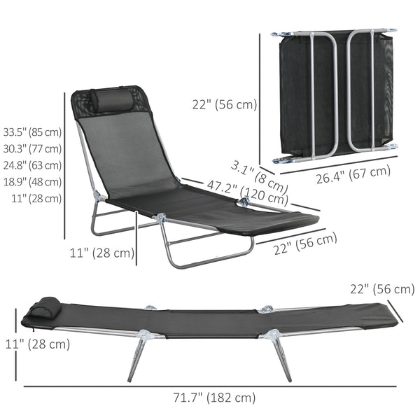 Folding Outdoor Lounge Chair Set of 2, Reclining Tanning Chair with 5-Position Adjustable Backrest, Black