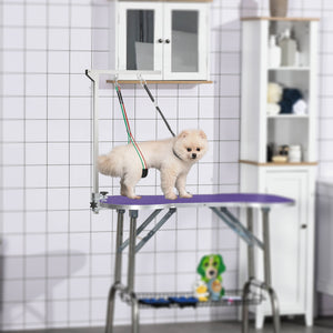 Adjustable grooming arm with clamp, hip supports, and grooming loop