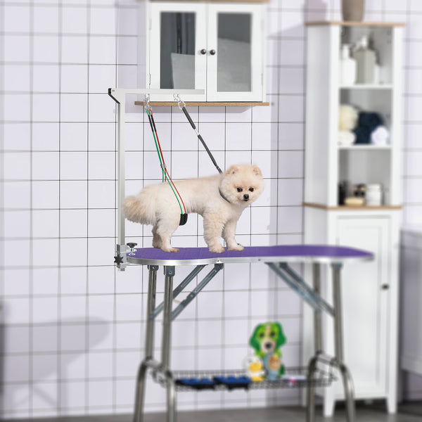 Adjustable grooming arm with clamp, hip supports, and grooming loop