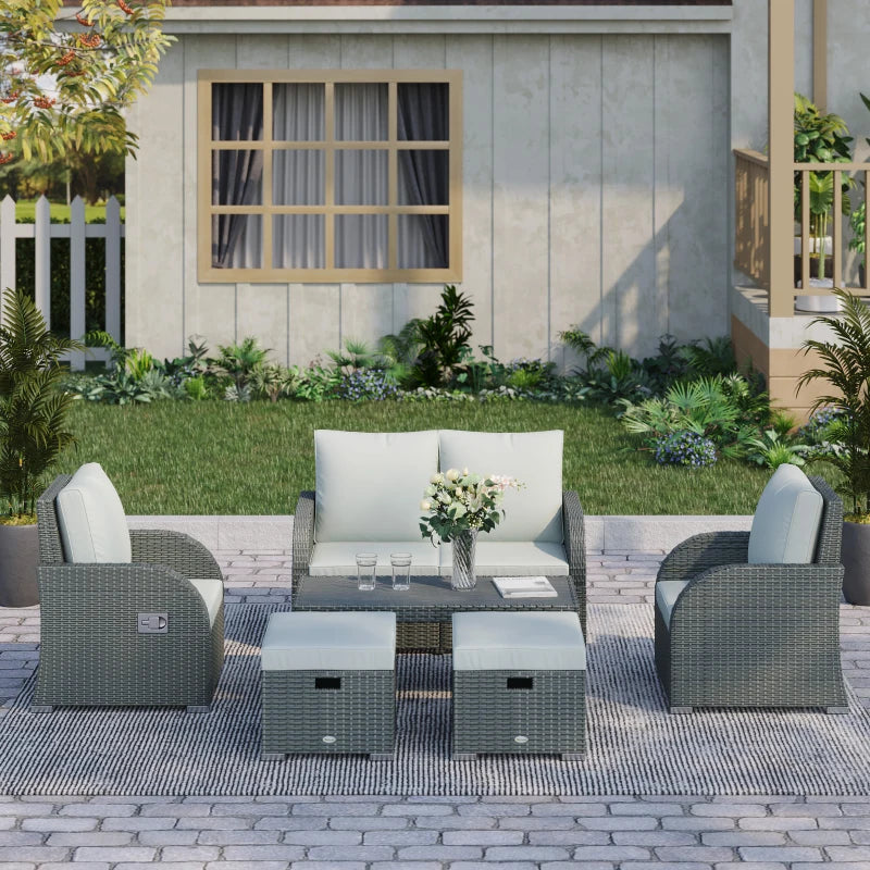 Ensemble de jardin 6 pièces avec coussins, résine tressée PE avec 2 fauteuils inclinables, 2 repose-pieds et une table, gris