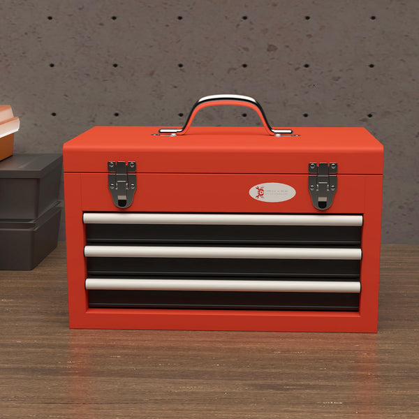 Coffre à outils à 3 tiroirs avec fermeture à loquet métallique, rouge