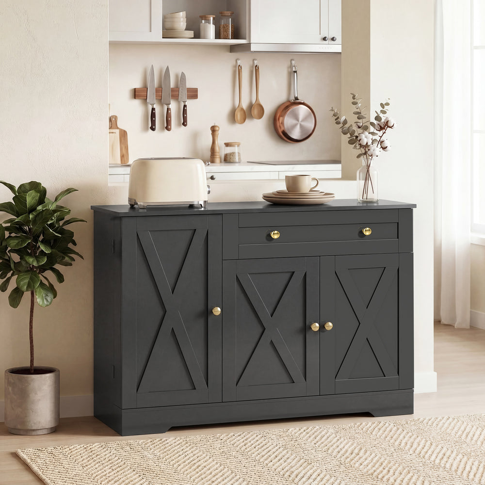 Buffet à café de style ferme avec portes, étagères réglables, tiroir, portes coulissantes de style grange, noir