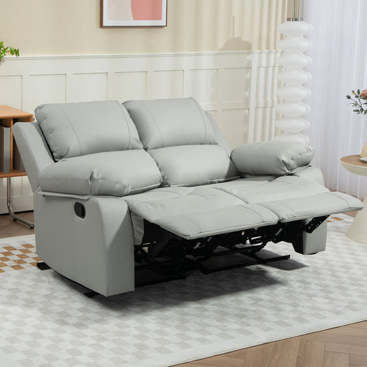 HOMCOM Manual Recliner Sofa, Faux Leather Double Reclining Loveseat with Retractable Footrest for Living Room, Light Grey