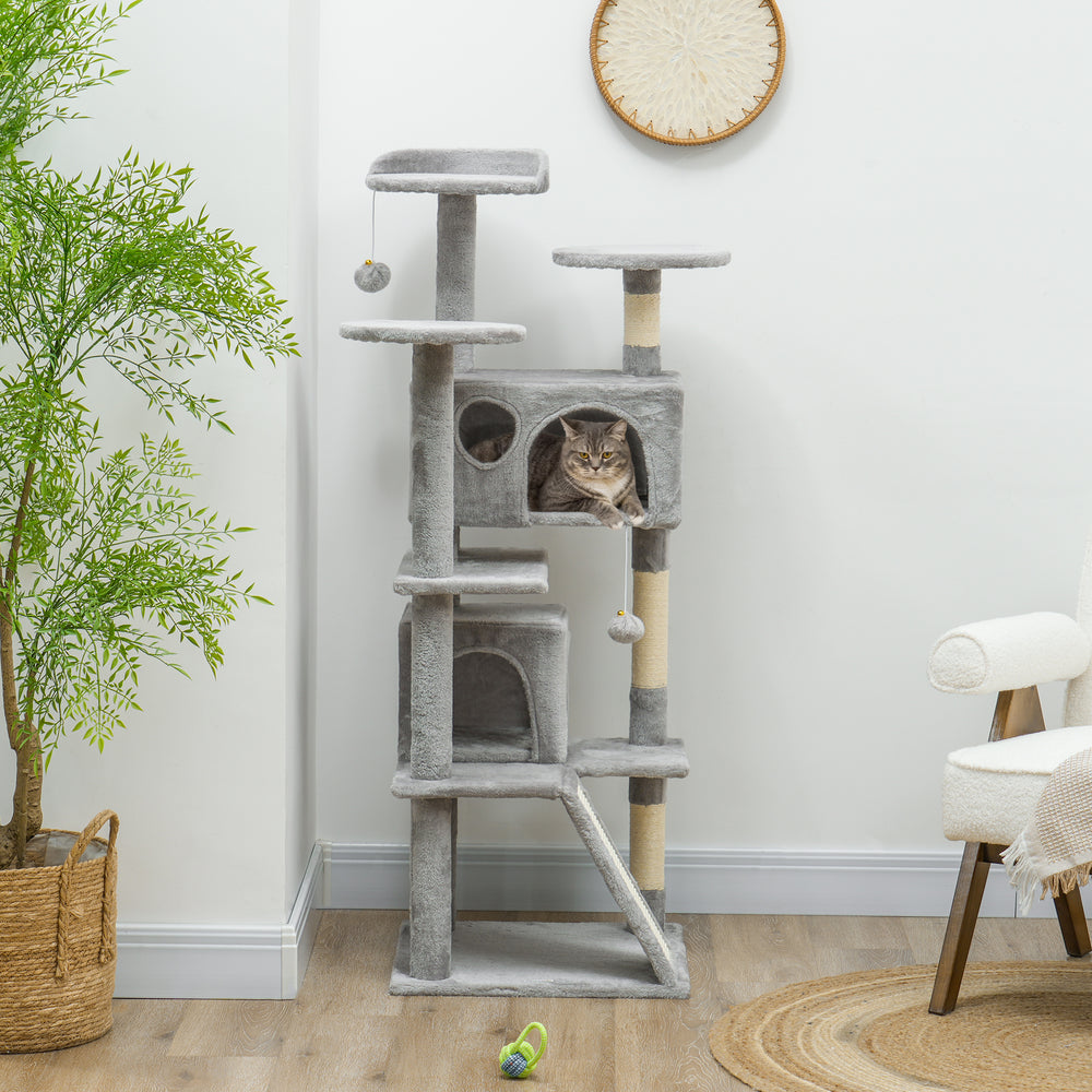 Arbre à chat 54 pouces à plusieurs niveaux avec griffoirs, niches, lit, plateformes, rampe, balle de jeu, gris clair
