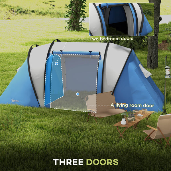 Camping tent with 2 rooms and a living area, 3000 mm waterproof, blue/grey