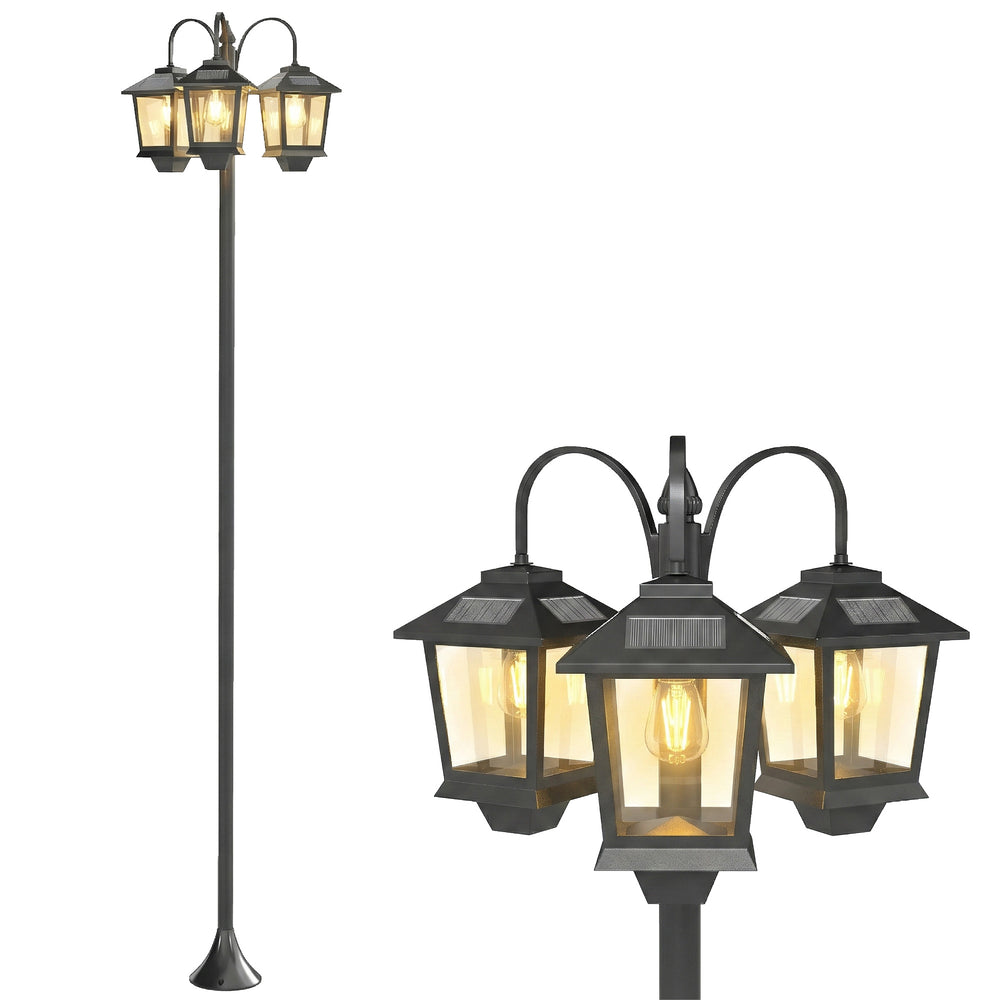 Lampadaire solaire 74" à 3 têtes, étanche IP44, avec capteur crépusculaire automatique.