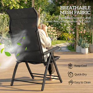 Folding Patio Chairs Set of 2, 5-Position Outdoor Lounge Chairs with High Back, Retractable Footrest, Black