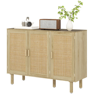 Buffet bohème avec 3 portes en rotin et étagères, pour salon ou entrée, en chêne.
