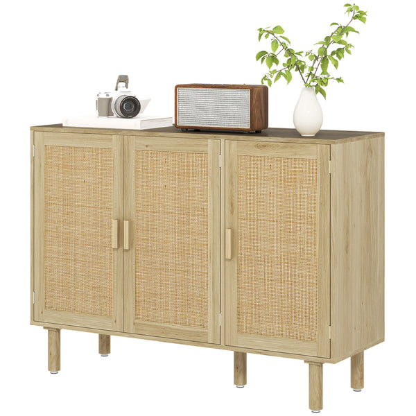 Buffet bohème avec 3 portes en rotin et étagères, pour salon ou entrée, en chêne.