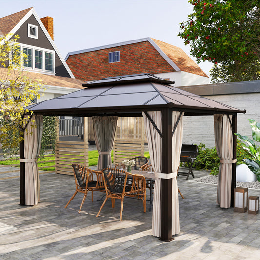 Outsunny 10' x 13' Hardtop Gazebo with UPF30+ Polycarbonate Double Roof, Aluminum Frame, Mesh &amp; Curtains, Beige |