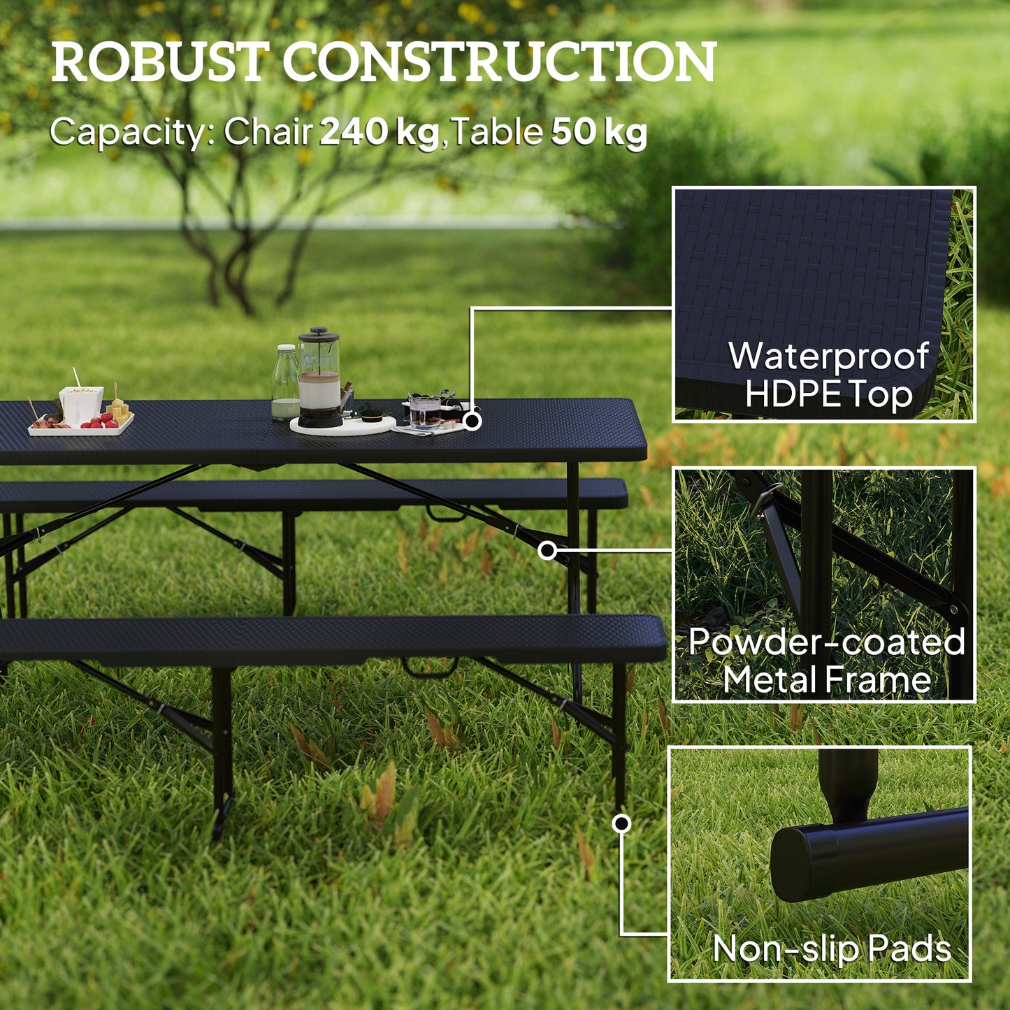 Outsunny 6FT 3PCS Faux Rattan Outdoor Camping Table Bench Set with Carrying Handles, Folding Picnic Table with 2 Benches, Black |