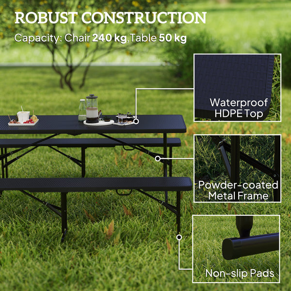 6FT 3PCS Faux Rattan Outdoor Camping Table Bench Set with Carrying Handles, Folding Picnic Table with 2 Benches, Black