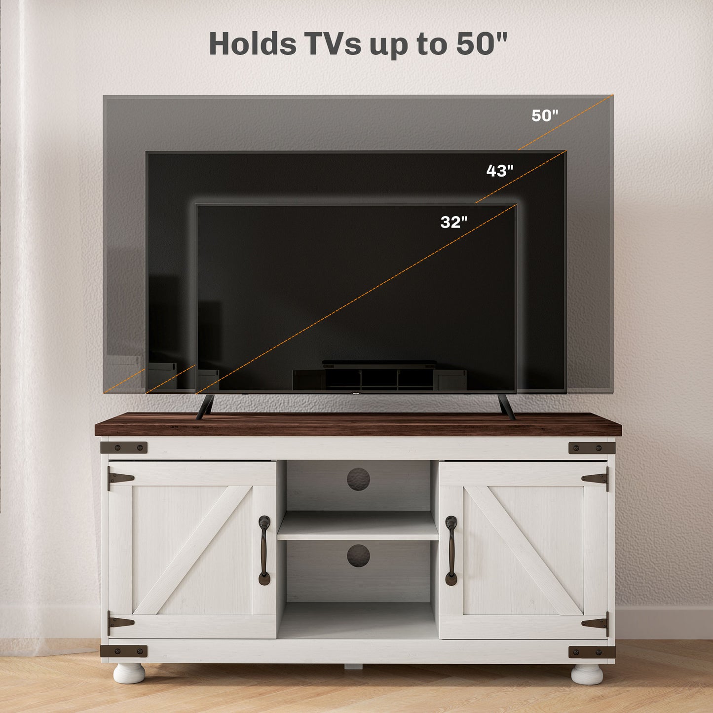 Meuble TV HOMCOM Farmhouse pour téléviseur jusqu'à 50 pouces, avec portes de grange et gestion des câbles pour le salon, blanc vieilli