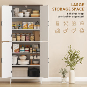 Armoire de rangement de cuisine style ferme moderne, avec 4 portes à chevrons et 4 étagères réglables, blanche.