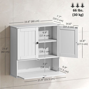 Wall-mounted bathroom cabinet, farmhouse style, with adjustable shelves and drop-down door, white