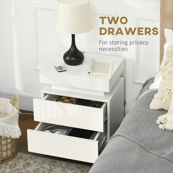 Table de chevet avec éclairage LED et 2 tiroirs pour chambre ou salon, blanche