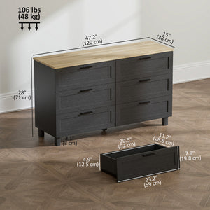 47" Wide Chest of Drawers, Modern Dresser with 6 Drawers and Wood Legs for Bedroom, Living Room, Entryway, Black