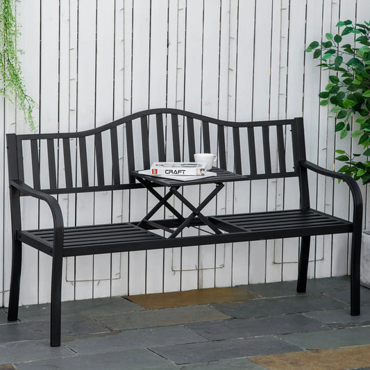 Banc d'extérieur en métal avec table centrale relevable pour 2 à 3 personnes, noir