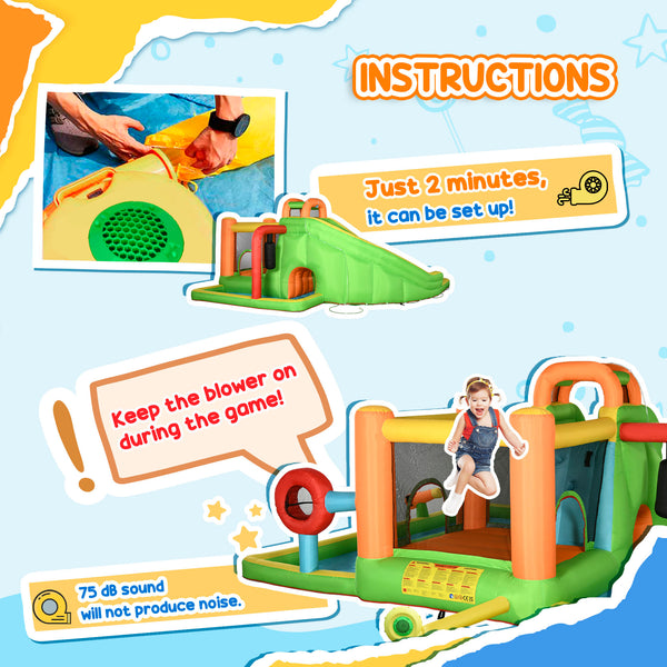 Château Gonflable 8-en-1 pour Enfants, Comprend Toboggan, Trampoline, Piscine, Pistolet à Eau, Ball-Cible, Boxe, Tunnel avec Sac de Transport, Soufflerie 750 W