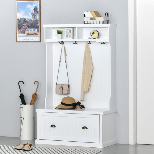Armoire 3 en 1 avec 4 crochets doubles et 2 étagères, cintre pour entrée, salon, blanc
