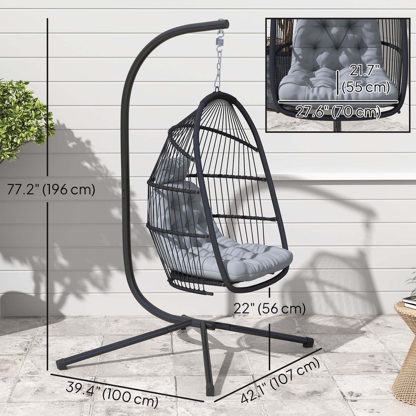 Outsunny Wicker Swing with Stand, Foldable and Hanging, UV Resistant Cushion and Headrest, Dark Grey