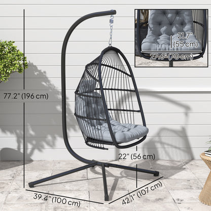 Outsunny Wicker Swing with Stand, Foldable and Hanging, UV Resistant Cushion and Headrest, Dark Grey