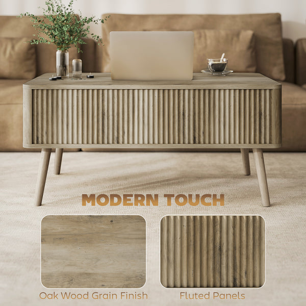Table basse relevable avec rangement, chêne