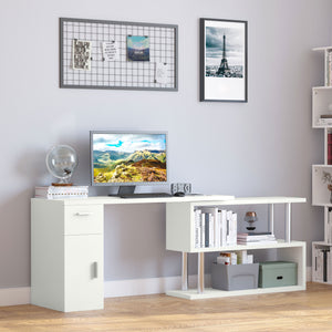 Bureau d'ordinateur rotatif en L avec étagères de rangement, armoire et tiroir, blanc