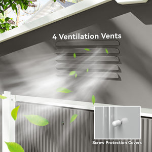 Metal garden shed with lockable sliding doors and ventilation, light grey