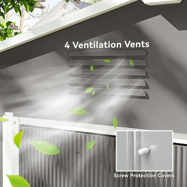 Metal garden shed with lockable sliding doors and ventilation, light grey