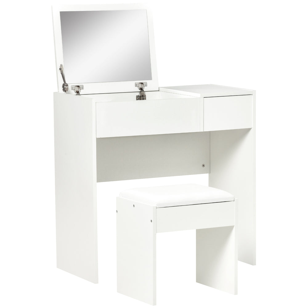 Coiffeuse moderne avec miroir rabattable et tabouret rembourré, blanc