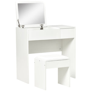 Coiffeuse moderne avec miroir rabattable et tabouret rembourré, blanc